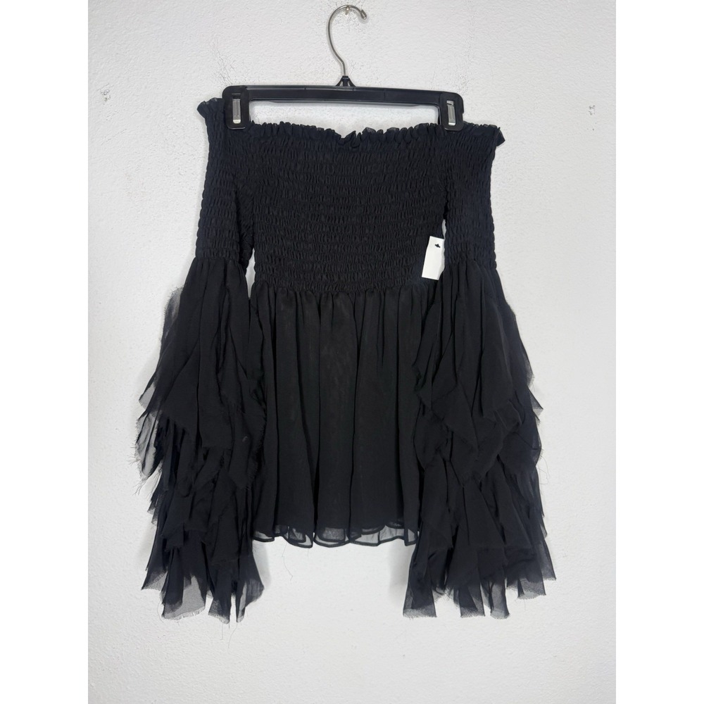 Caroline Constas Silk Smocked Off-Shoulder Sz M Top Black Fairy Romantic Grunge